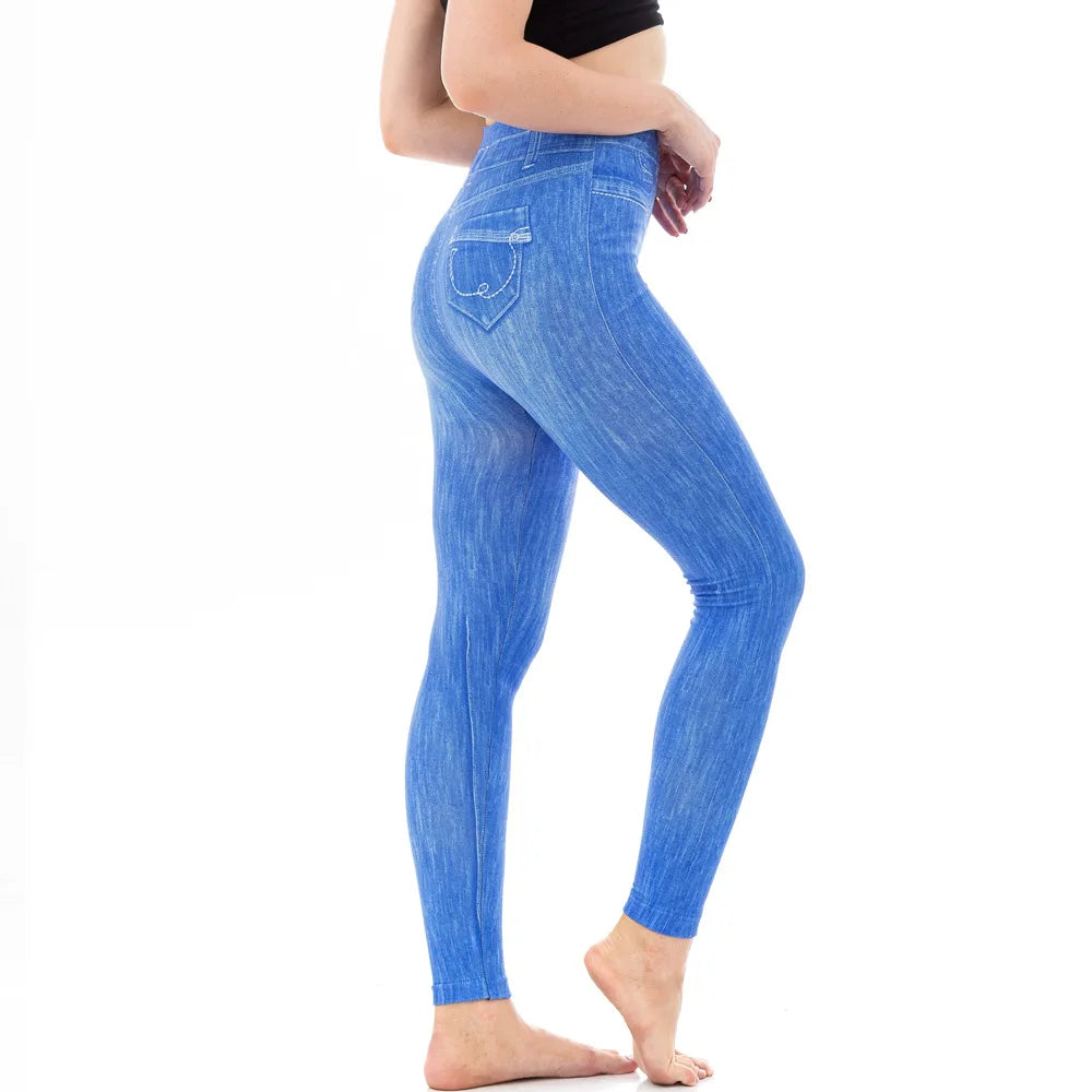 Skinny High Waisted Leggings Women Imitation Jeans Yoga Pants Fashion Printed Elastic Shapewear Fitness Jogging Cycling Tights