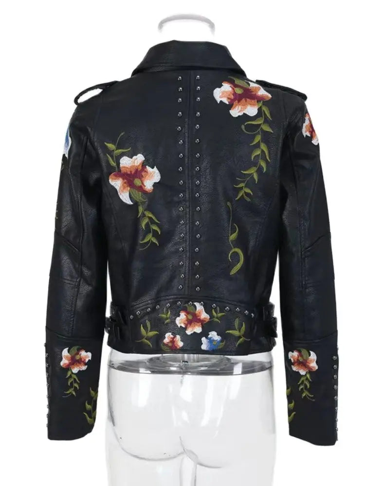 Women's Floral Print Embroidery Faux Leather Jacket  | Faeva London