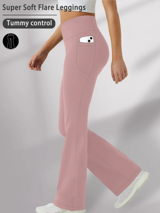Women Super Soft Flare Pants with Pockets High Waisted Tummy Control No See Through Workout Yoga running Home Casual