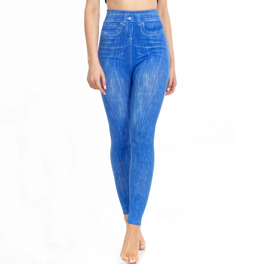 Skinny High Waisted Leggings Women Imitation Jeans Yoga Pants Fashion Printed Elastic Shapewear Fitness Jogging Cycling Tights
