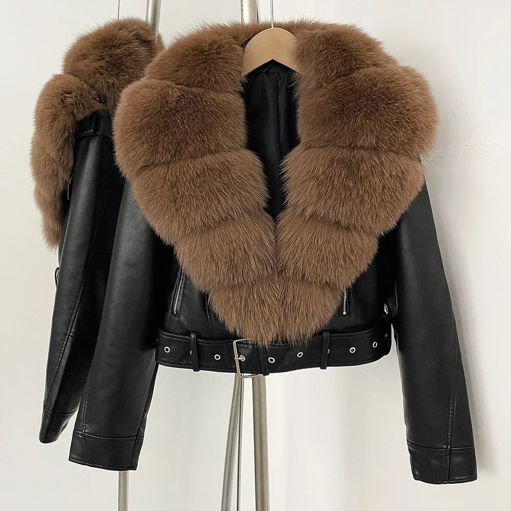 Natural Fox Fur Real Fur Coat Faux PU Leather Jacket Female New Autumn Short Top Clothing Women Long Sleeve Fake Leather Coat