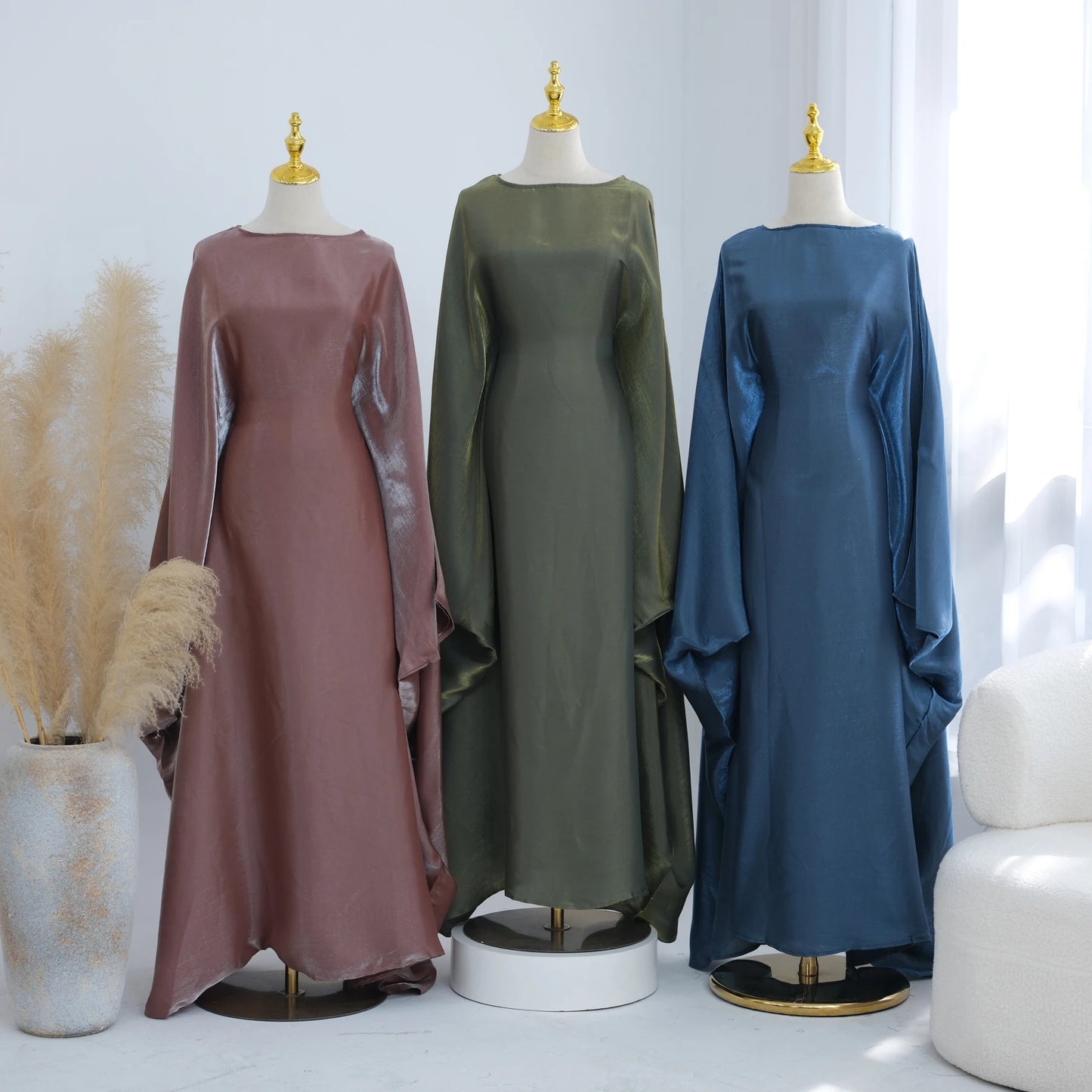 Ramadan Eid Evening Party Shiny Kaftan Dress for Women, Butterfly Sleeves Round Neck Muslim Women Abaya Dubai Islamic Clothing