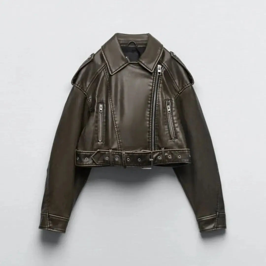 Women Vintage Loose Washed Faux Leather Short Jacket Streetwear Female Zipper Belt Moto Biker Retro Coat Outwear Tops