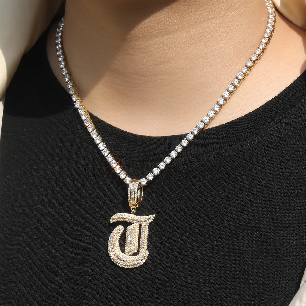 THE BLING KING Gothic Old English Initial Letter A-Z Pendant Iced Out Cubic Zirconia Charm Choker Necklace Hiphop Jewelry