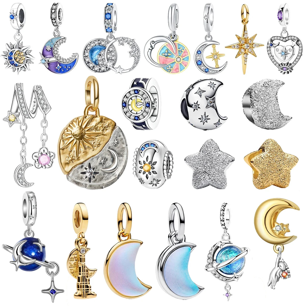 Hot Sale Original 925 Sterling Silver Star & Moon Charms Earrings Ring Beads Pendant fit Bracelet Necklace DIY Fine Jewelry Gift