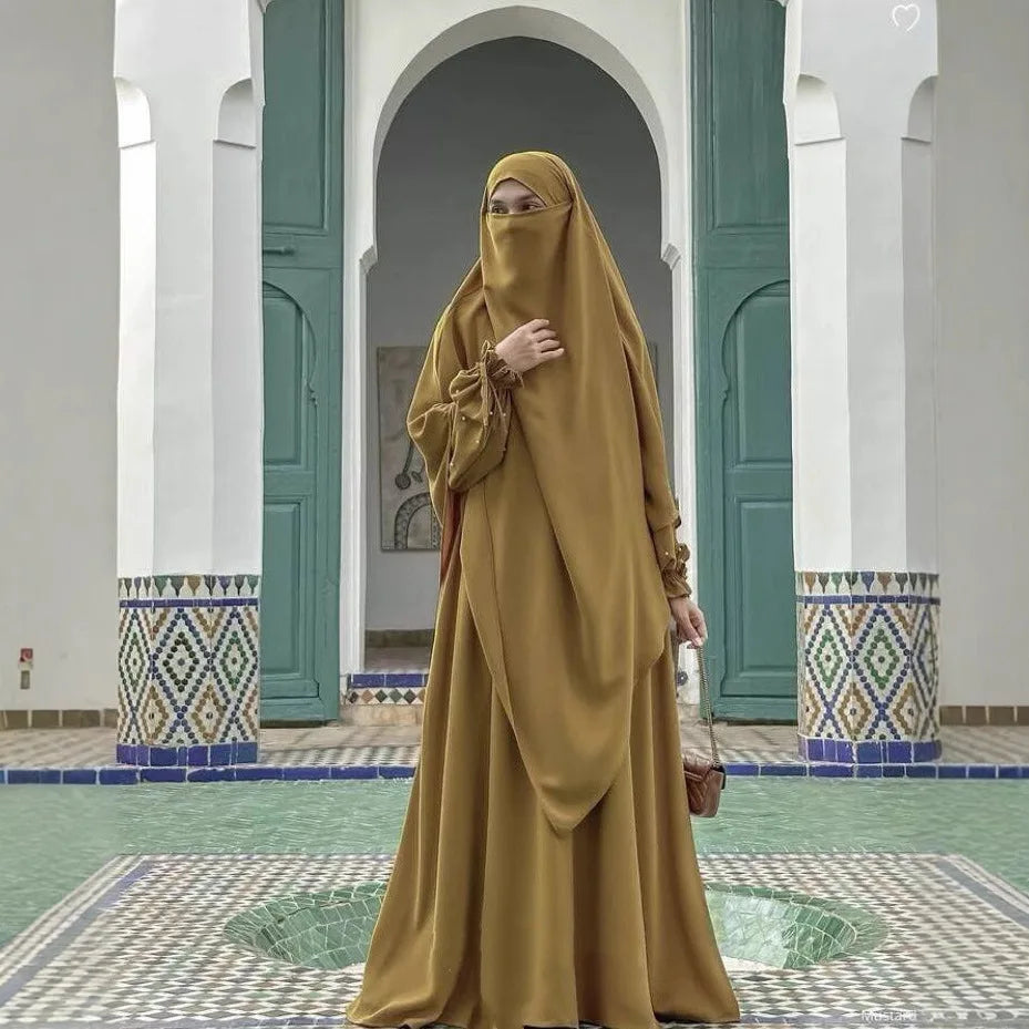 New solid color women's robe pearl sleeve dress, two-piece long headscarf P555