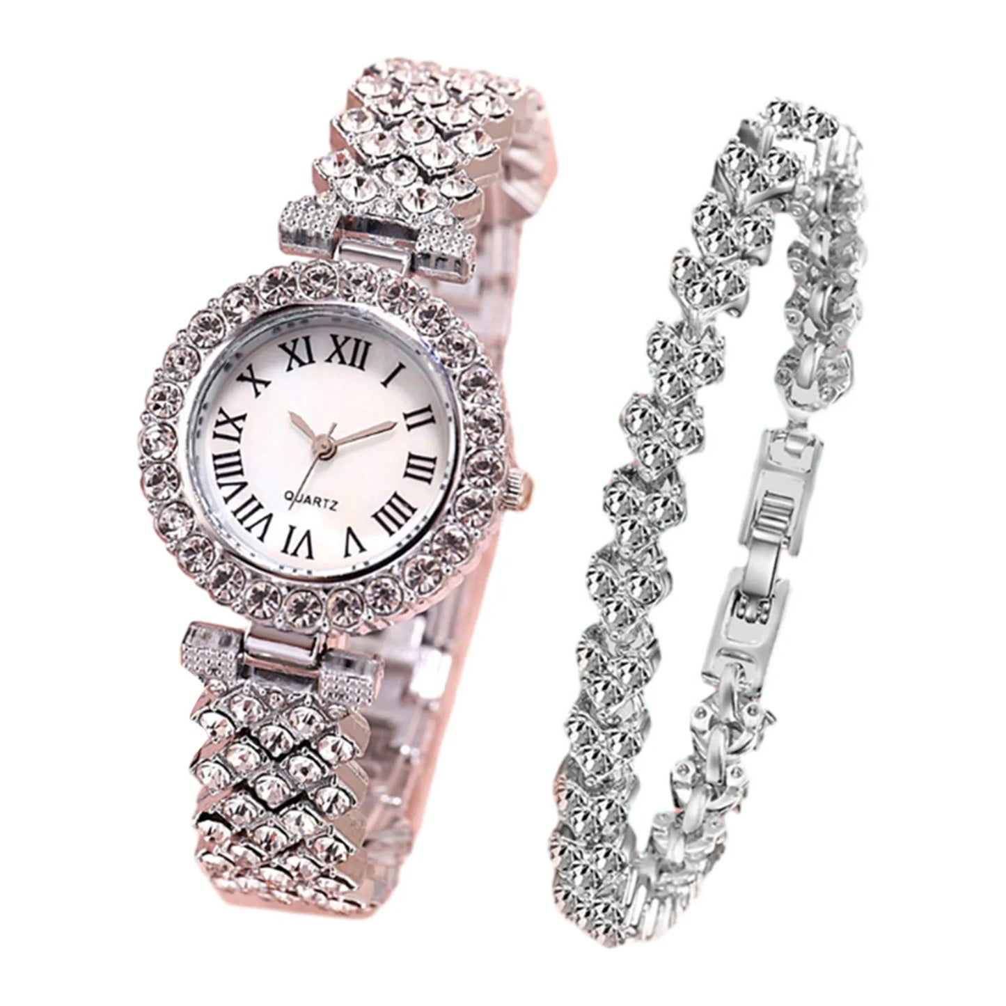 Rose Gold Watch Luxury Rhinestone Fashion Women Ladies Quartz 2pcs Elegant Diamond Wristwatch Female Bracelet Set Gift Watches