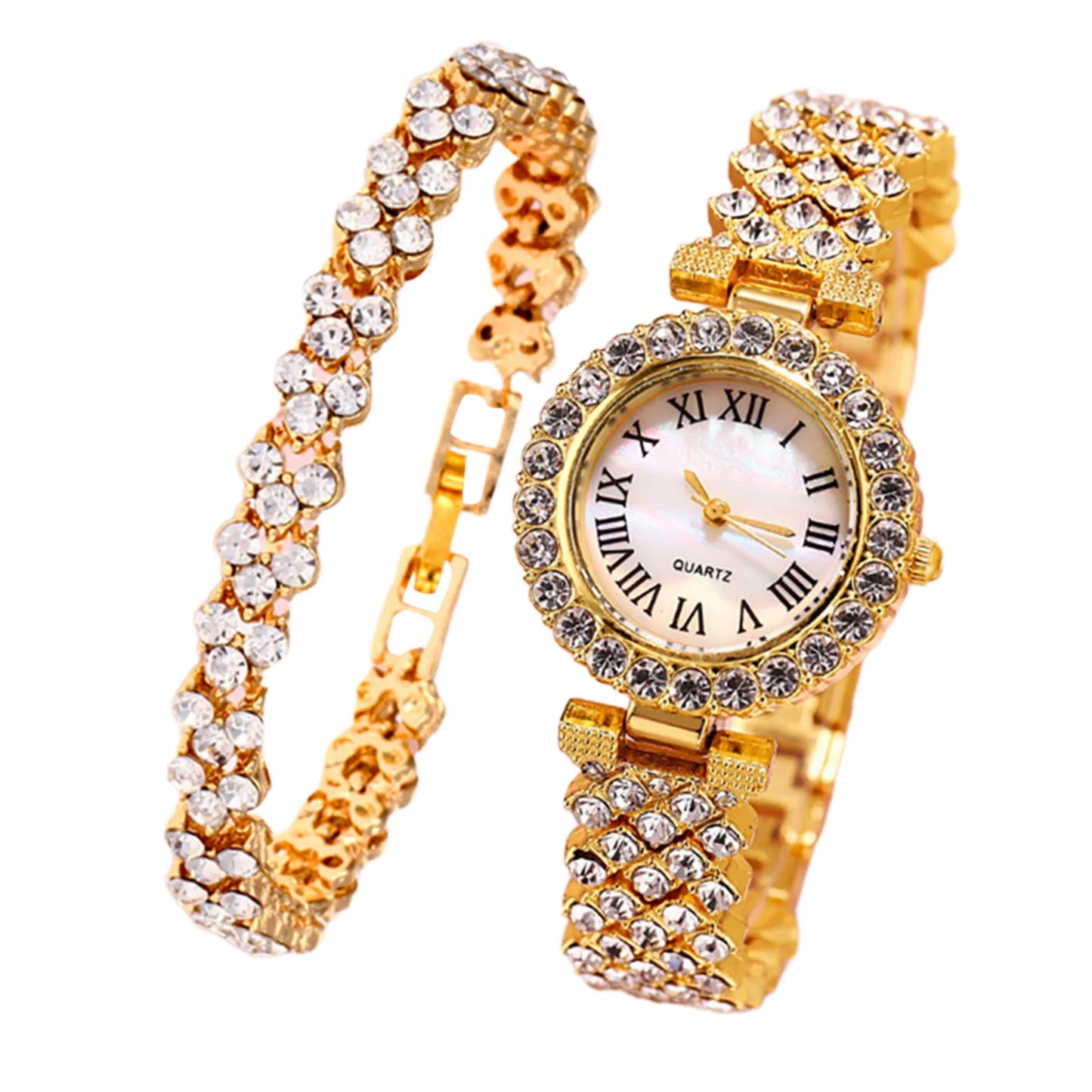 Rose Gold Watch Luxury Rhinestone Fashion Women Ladies Quartz 2pcs Elegant Diamond Wristwatch Female Bracelet Set Gift Watches
