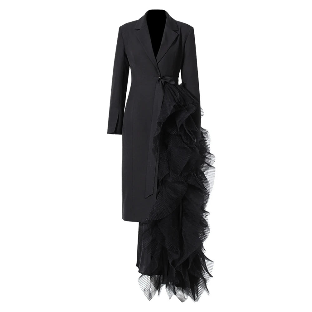 VGH Black Spliced Mesh Party Evening Trench for Women Notched Collar Long Sleeve Ruched Designer Slimming Coats Female Fashion