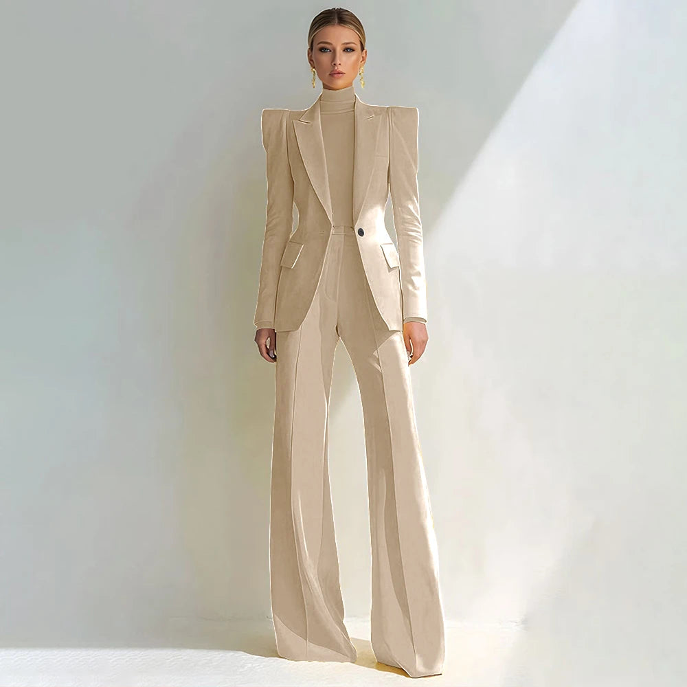 Professional Women's Red Suit Peaked Lapel Single Button Female Elegant Blazer and Flared Pants 2Piece Set Formal Office Wear