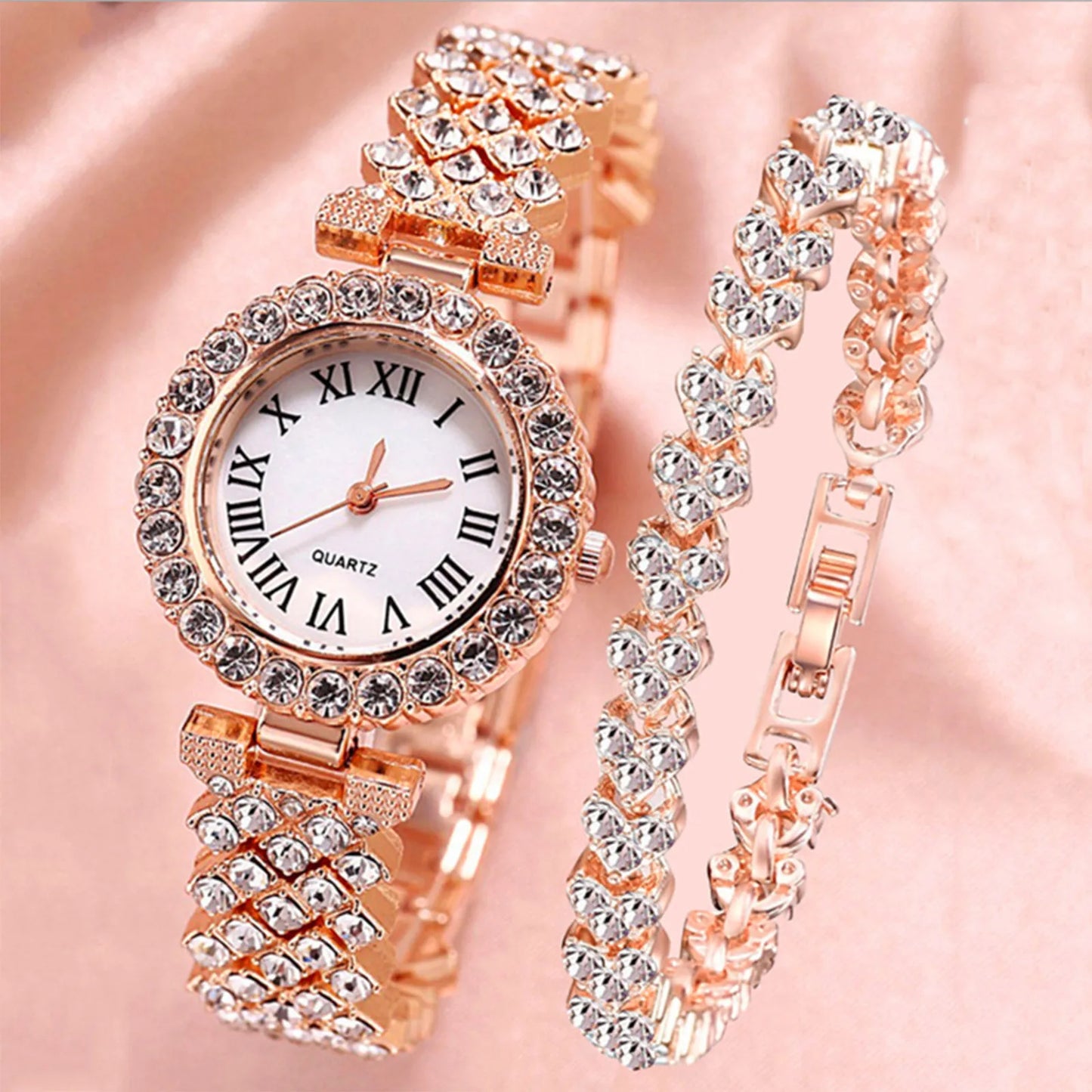 Rose Gold Watch Luxury Rhinestone Fashion Women Ladies Quartz 2pcs Elegant Diamond Wristwatch Female Bracelet Set Gift Watches