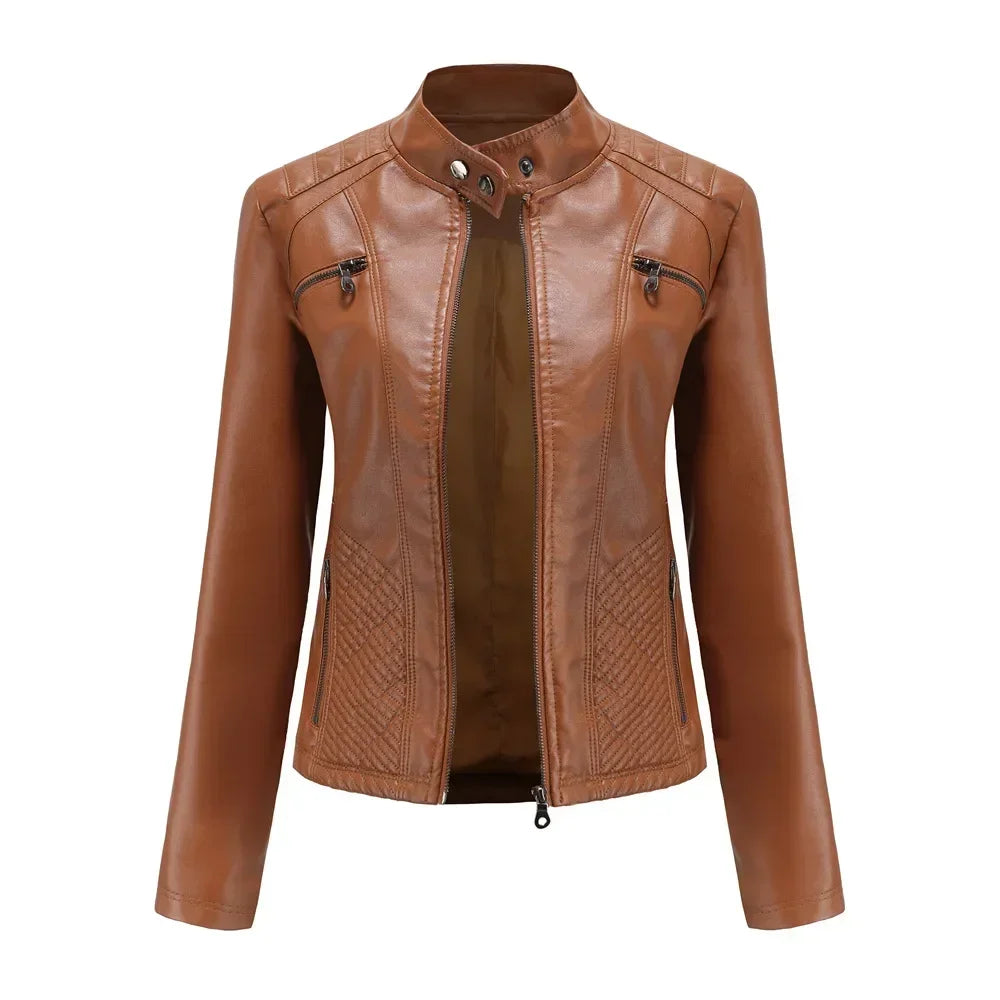 Women coat Autumn New Casual Leather Jacket Standing Collar Long Sleeve Jacket Slim Solid Color Coat Streetwear Zipper Jacket
