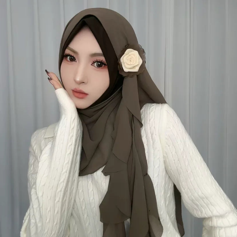 Rose Applique Design Chiffon Muslim Autumn New Female Wraps Hijab