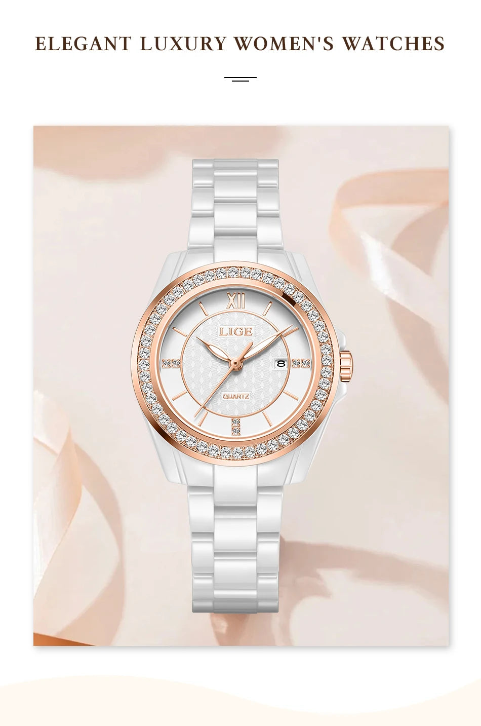 LIGE Luxury Woman Watch Waterproof Fashion Quartz Ladies Wristwatch Date Week Full Ceramic Women's Watches Relojs+GIFT Box