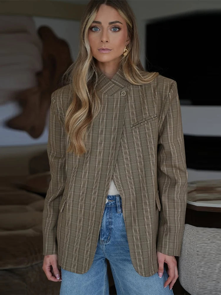 Fashion Women's Blazer Stand Collar Full Sleeve Single Button Female Plaid Blazers 2026 Spring New Chic Casual Commute Lady Coat