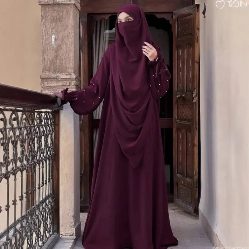 New solid color women's robe pearl sleeve dress, two-piece long headscarf P555