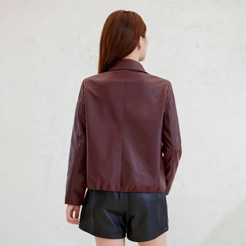 Korean Temperament Faux Leather Jacket Women Spring Autumn Thin Soft Leather Coat Woman Office Lady Single Breasted Lapel Jacket