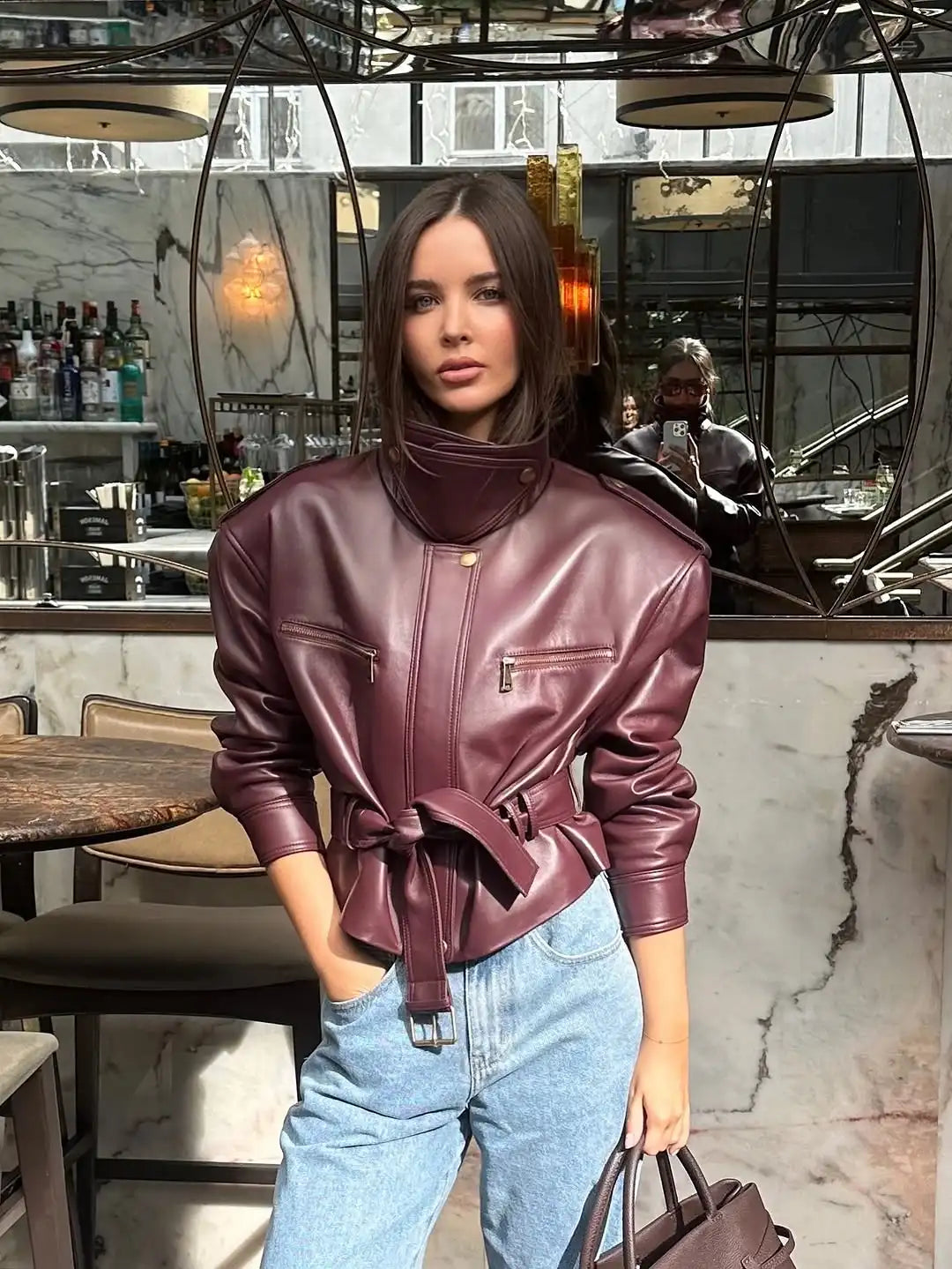 Burgundy Lace-Up Leather Jacket | Faeva London