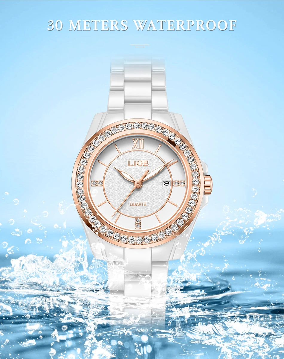 LIGE Luxury Woman Watch Waterproof Fashion Quartz Ladies Wristwatch Date Week Full Ceramic Women's Watches Relojs+GIFT Box