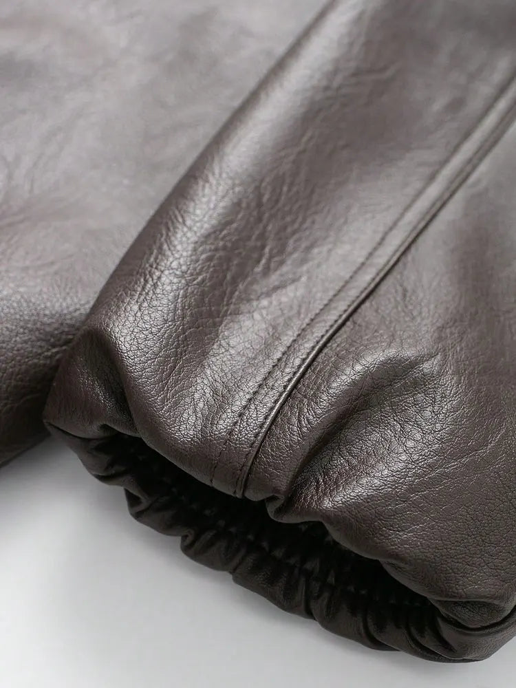 Women's Faux Leather Bomber Jacket Long Sleeve Chic Outerwear Elastic Hem Female Fashion Top