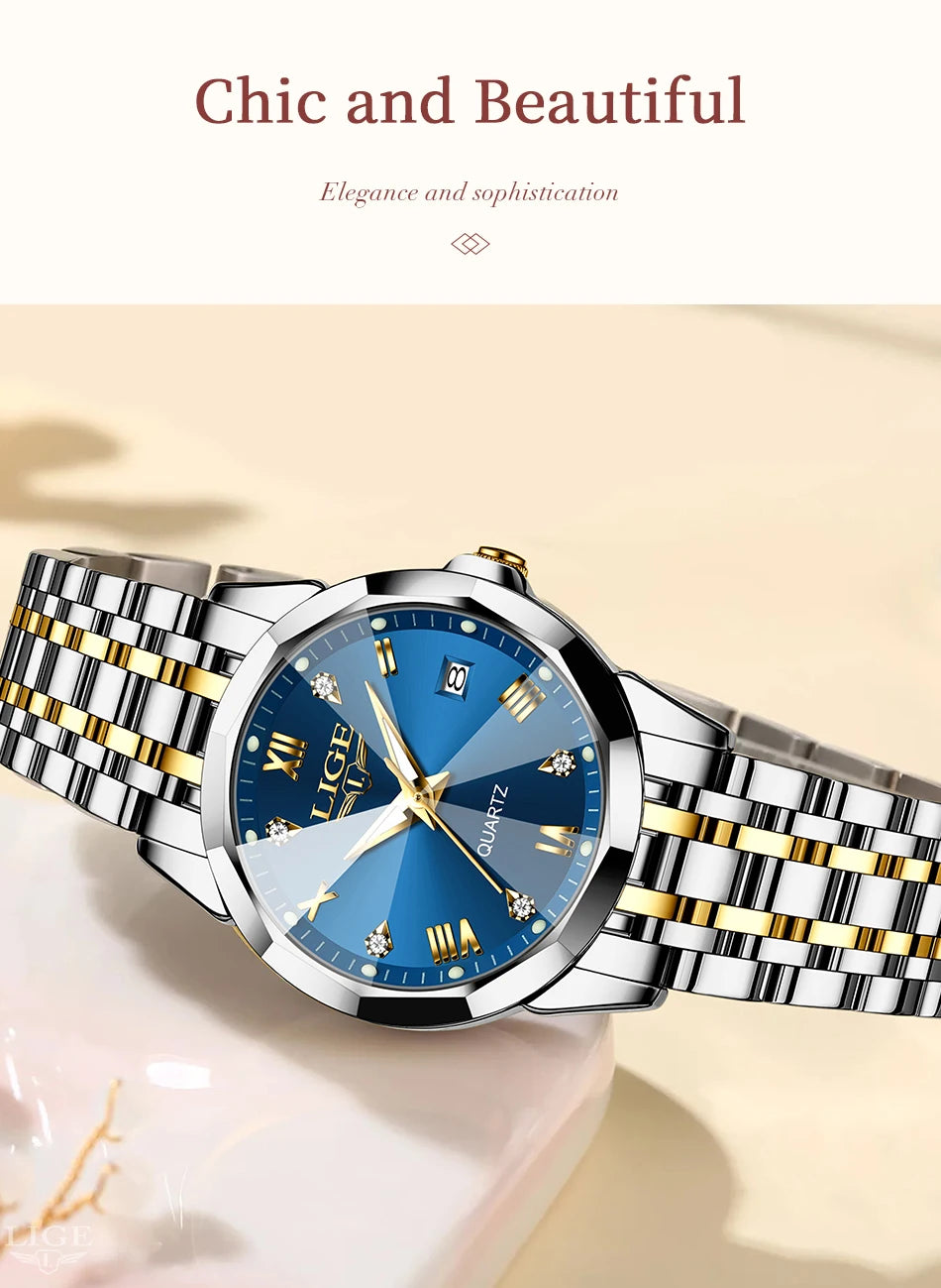 LIGE 2026 Women's Watch Luxury Gift quartz wristwatch Waterproof Calendar Stainless Steel Ladies Luminous Clock montre femme+BOX