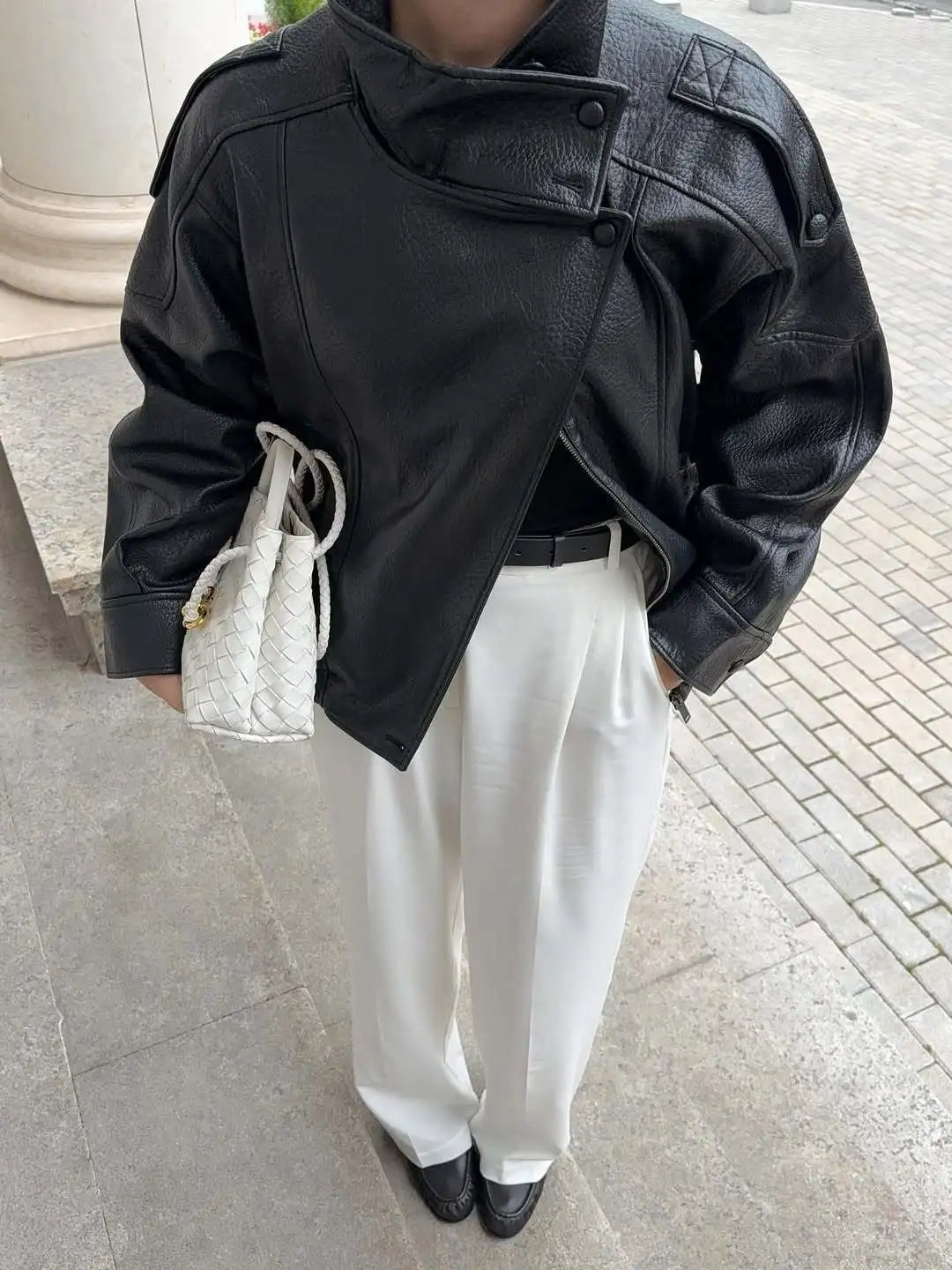 Fashion Stand Collar Leather Jacket Women Solid Long Sleeve Lapel Zipper Loose Bomber Coat 2026 Lady Spring Autumn Outerwear