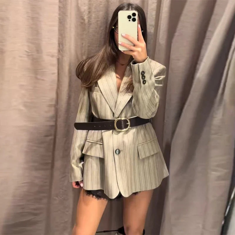Women's Striped Blazer Belted Single Breasted Long Sleeve Lapel Neck Coat 2026 Female Casual Daily Commute Office Fashion Jacket