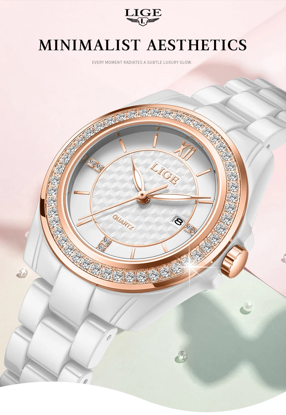 LIGE Luxury Woman Watch Waterproof Fashion Quartz Ladies Wristwatch Date Week Full Ceramic Women's Watches Relojs+GIFT Box