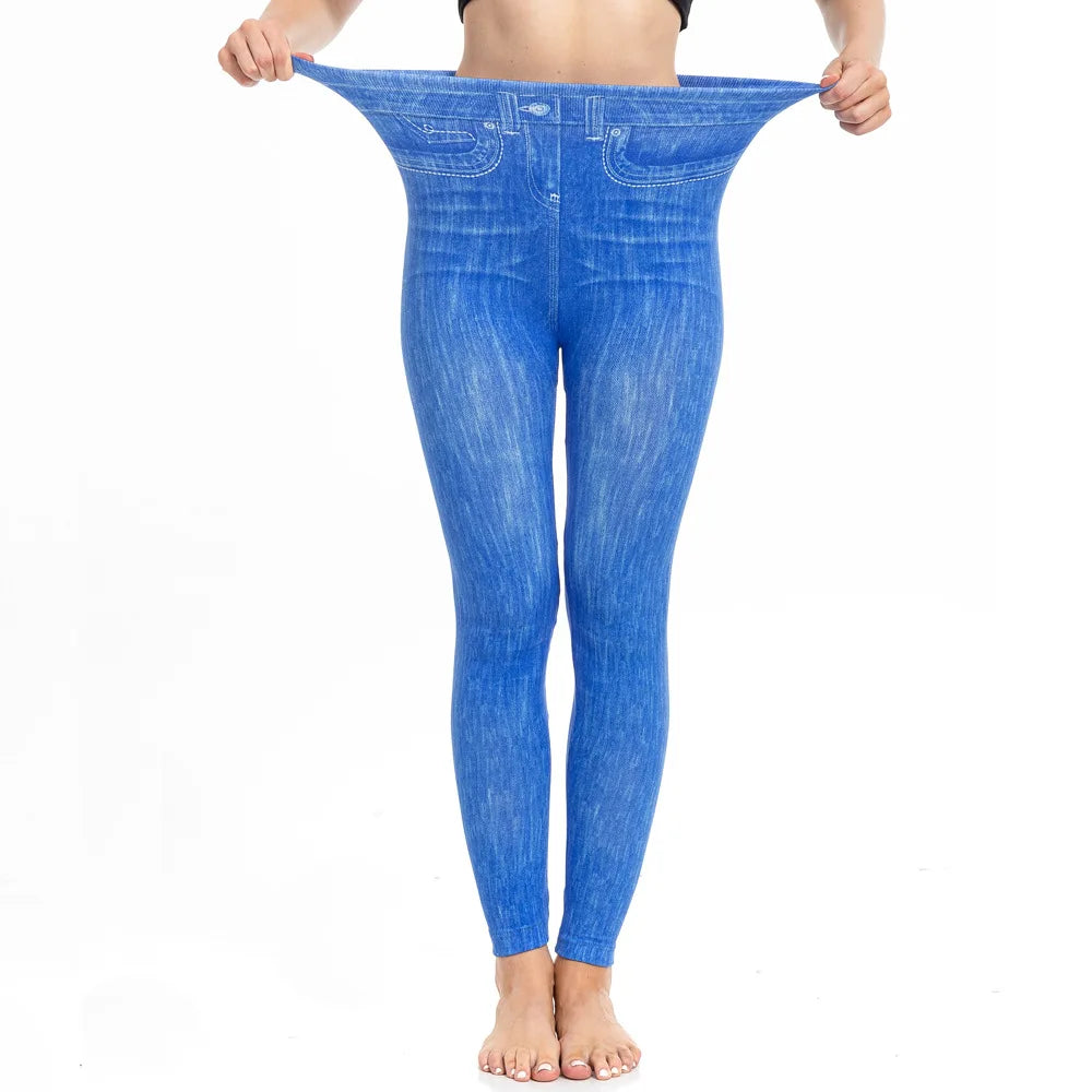Skinny High Waisted Leggings Women Imitation Jeans Yoga Pants Fashion Printed Elastic Shapewear Fitness Jogging Cycling Tights