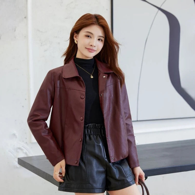 Korean Temperament Faux Leather Jacket Women Spring Autumn Thin Soft Leather Coat Woman Office Lady Single Breasted Lapel Jacket
