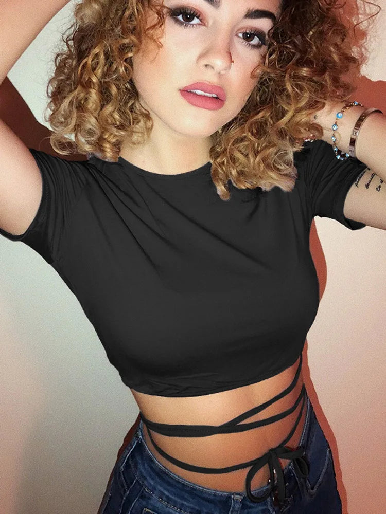 2025 Summer Women Black Short T-Shirts Sexy Crop Tops | Faeva London