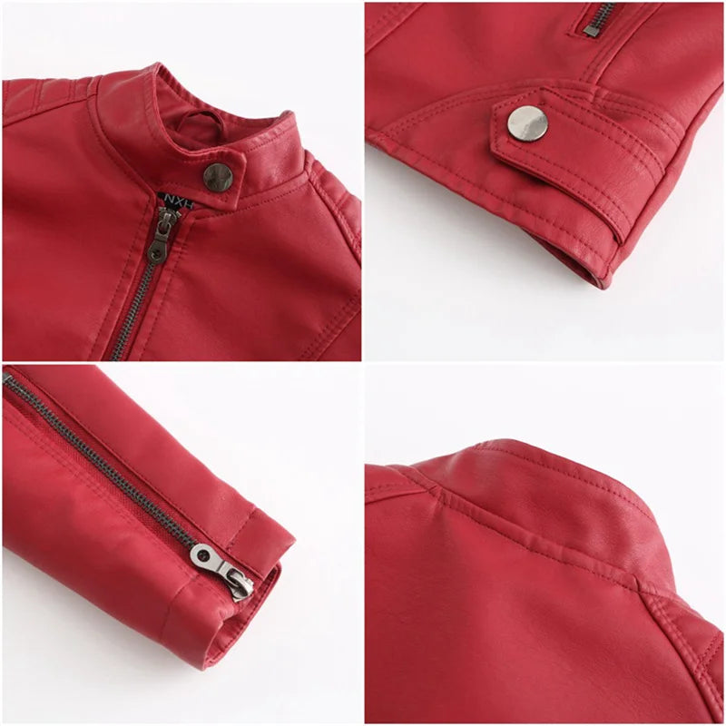 Women's Red PU Jacket, Vertical Collar Zipper Motorcycle Leather Coats,  Fashion Casual Coat Female Outerwear, Black Purple Top.