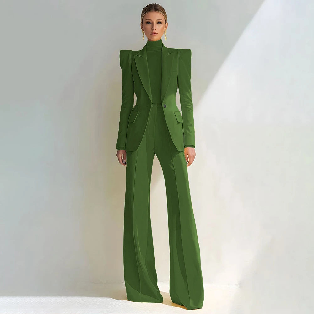 Professional Women's Red Suit Peaked Lapel Single Button Female Elegant Blazer and Flared Pants 2Piece Set Formal Office Wear