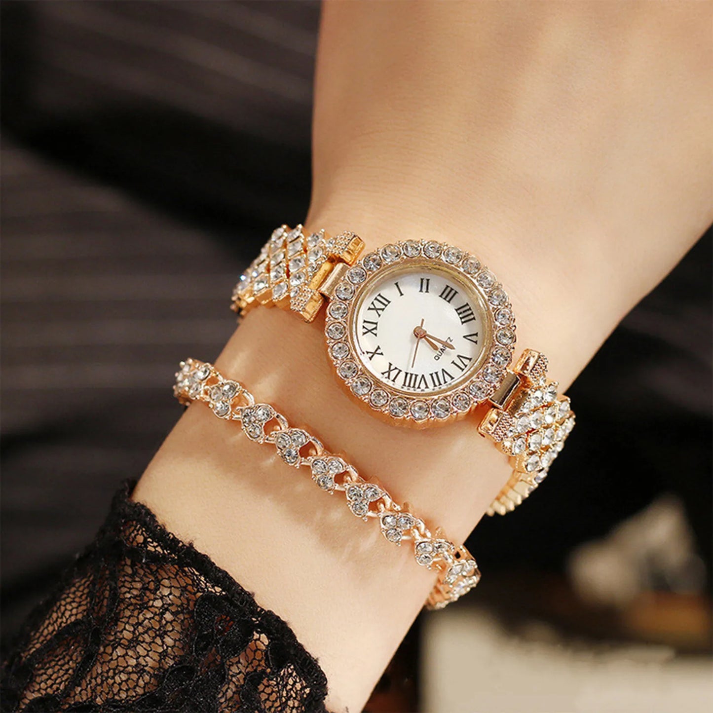Rose Gold Watch Luxury Rhinestone Fashion Women Ladies Quartz 2pcs Elegant Diamond Wristwatch Female Bracelet Set Gift Watches
