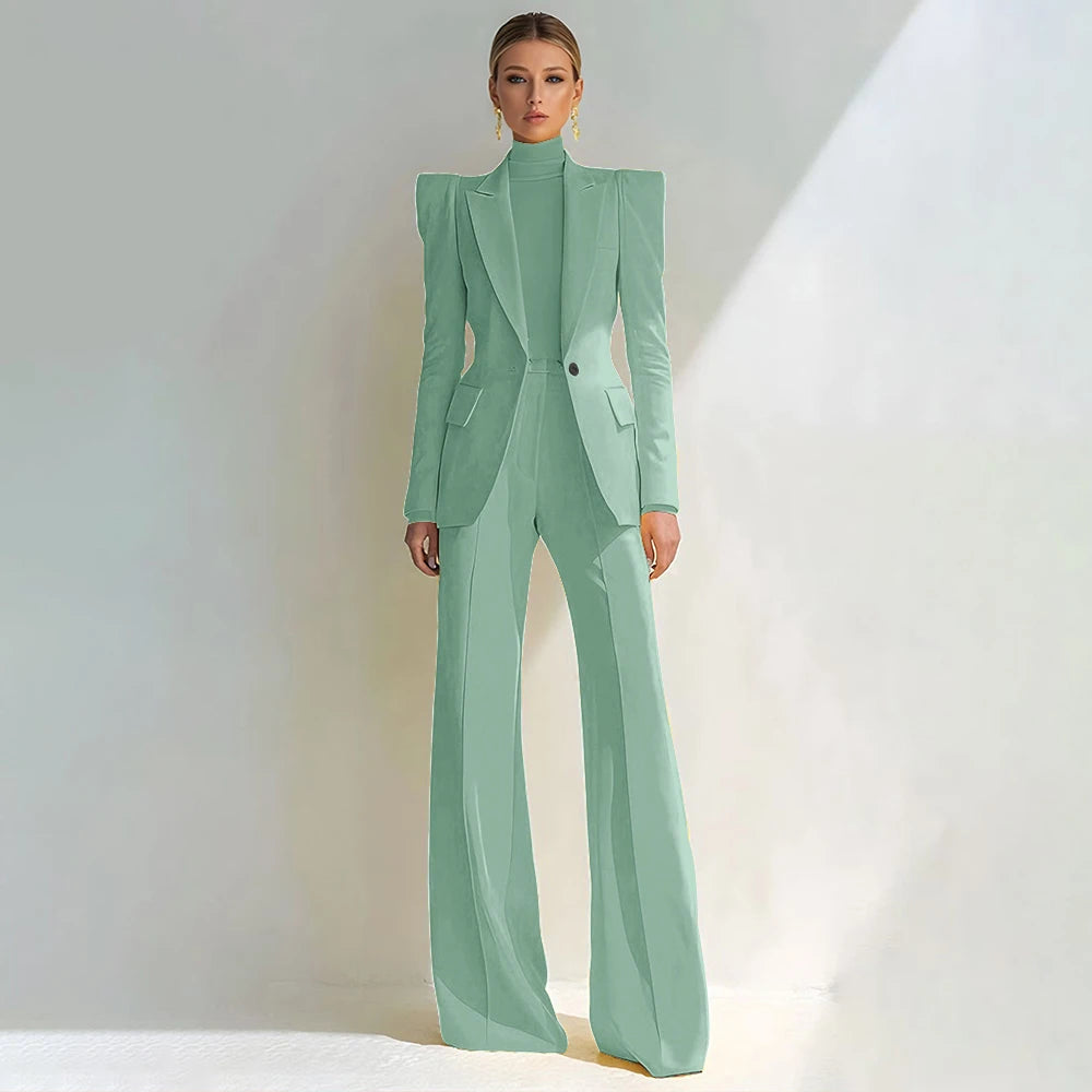 Professional Women's Red Suit Peaked Lapel Single Button Female Elegant Blazer and Flared Pants 2Piece Set Formal Office Wear