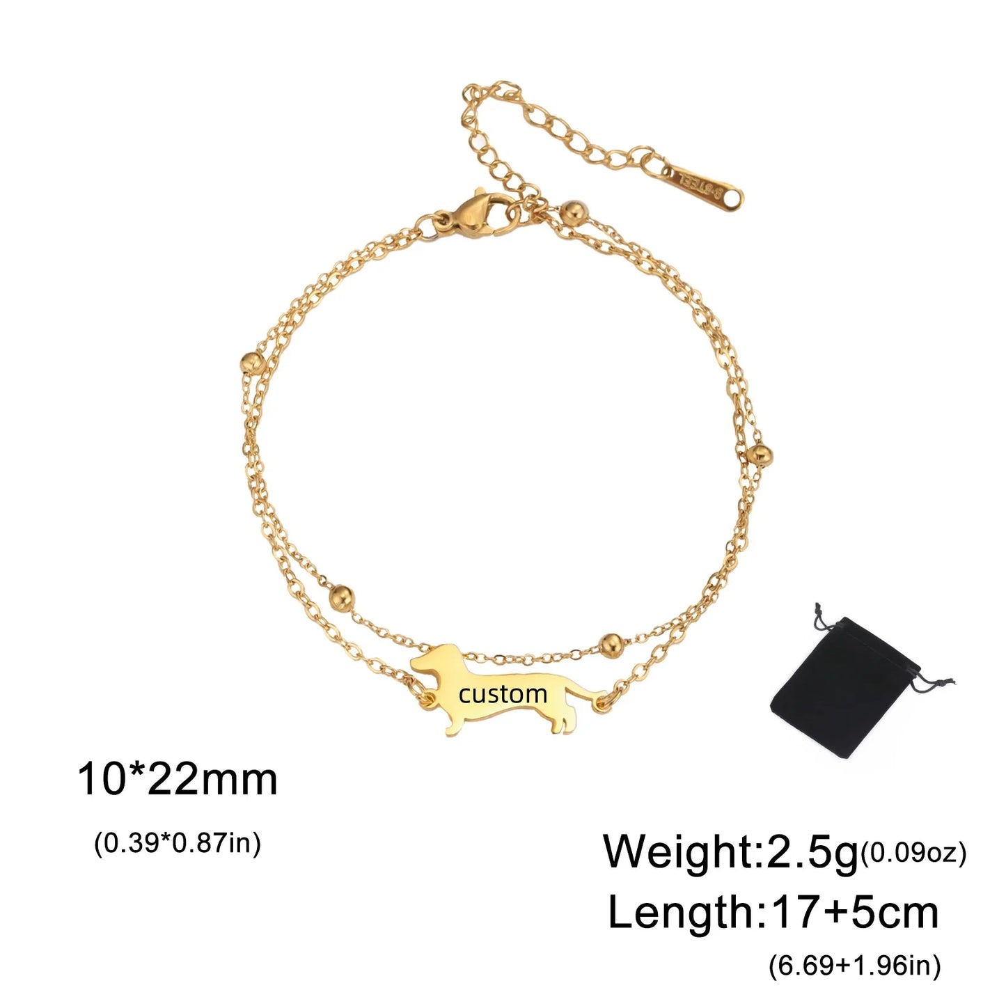 Customized Name Date Sausage Dog Charm Bracelet Stainless Steel Personalized Pet Sausage Dog Bracelet Jewelry Gift