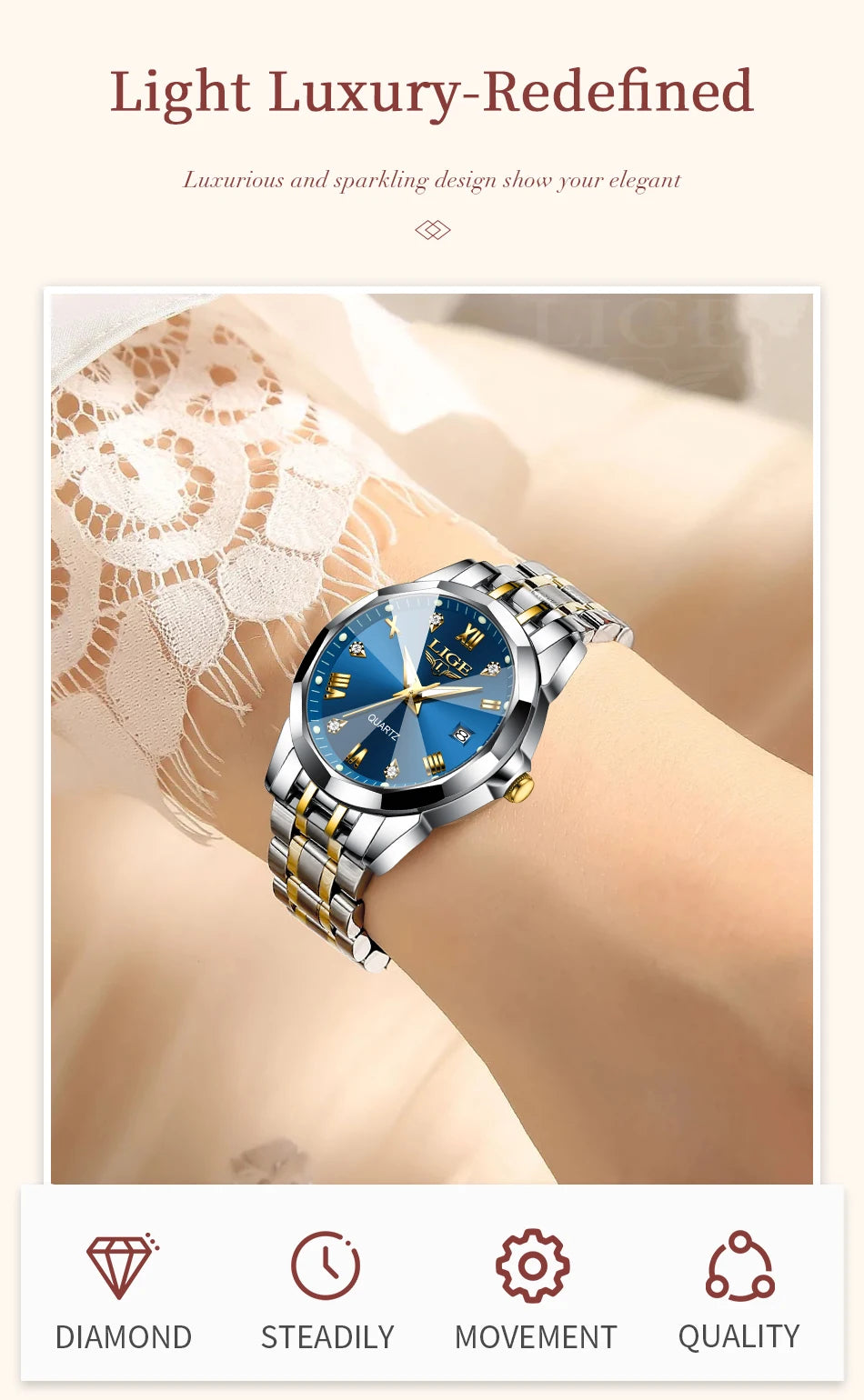 LIGE 2026 Women's Watch Luxury Gift quartz wristwatch Waterproof Calendar Stainless Steel Ladies Luminous Clock montre femme+BOX