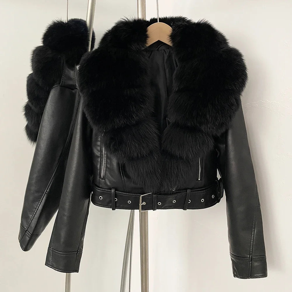 Natural Fox Fur Real Fur Coat Faux PU Leather Jacket Female New Autumn Short Top Clothing Women Long Sleeve Fake Leather Coat