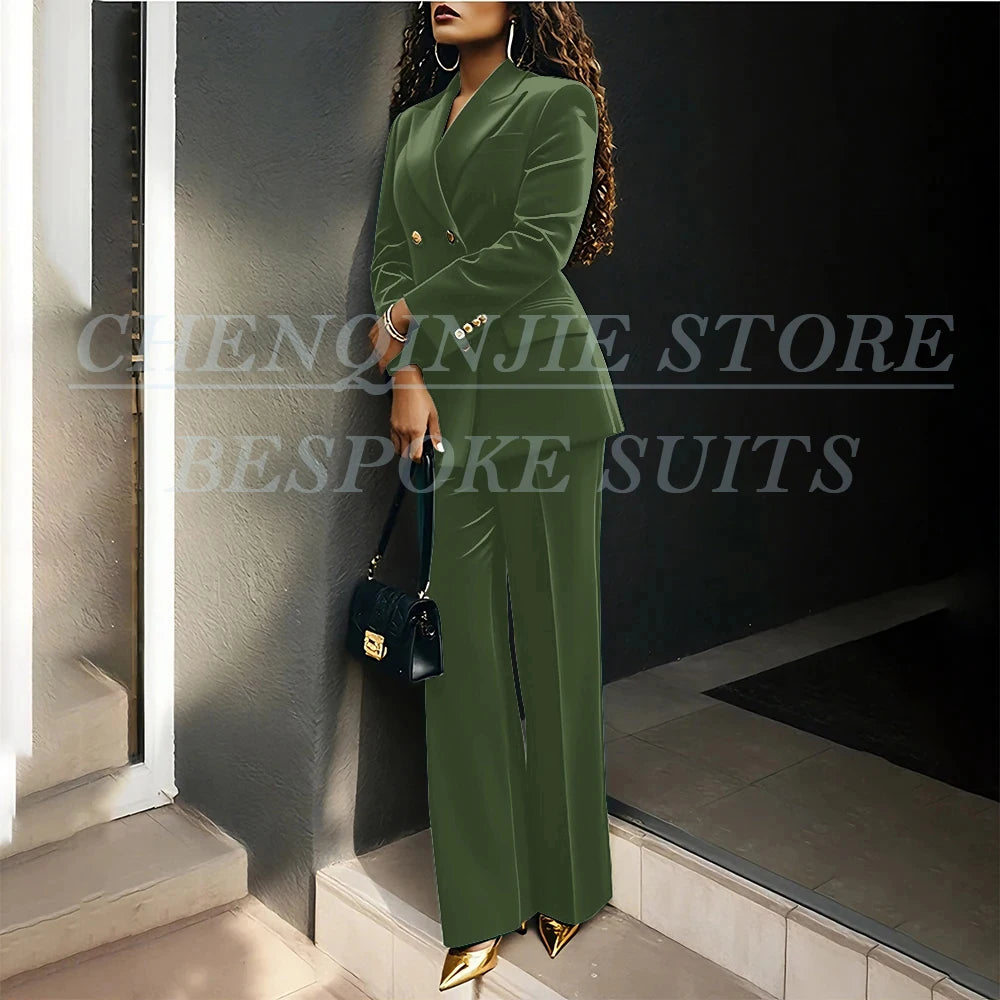 Luxury Green Velvet Women's Suits Fashion Double Breasted Peak Lapel Slim Fit Female Clothing Customzied 2 Piece Jacket Pants