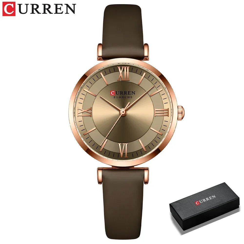 CURREN Luxury Women's Watch Stylish Leather Strap  Quartz Movement Casual Elegant Ladies Wristwatch Fashionable Design with Box