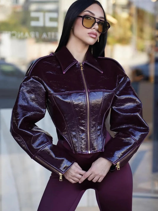 Women Retro Coated Cinched-waist Leather Jacket Lady Casual Lapel Full Sleeve Zipper Fishbone Coat 2026 Spring Daily Street Wear