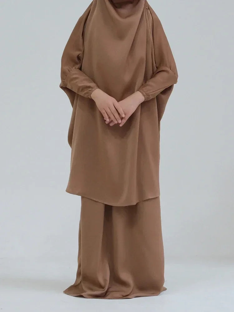 Eid Muslim Long Khimar Dress Kids Girls Abaya Long Khimar Set Prayer Garment Ramadan Dresses 2 Piece Jubha Robe Caftan Jilbab