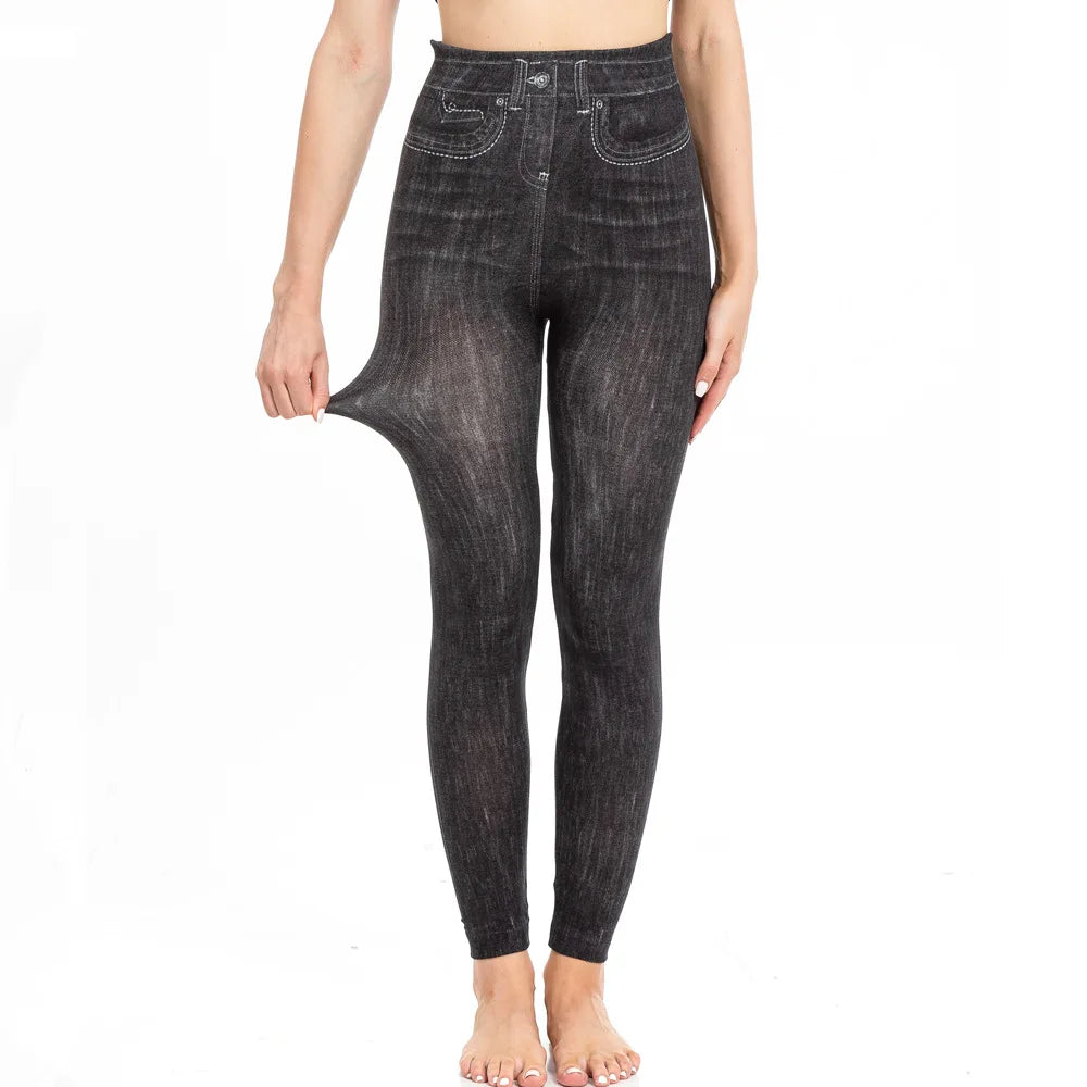 Skinny High Waisted Leggings Women Imitation Jeans Yoga Pants Fashion Printed Elastic Shapewear Fitness Jogging Cycling Tights