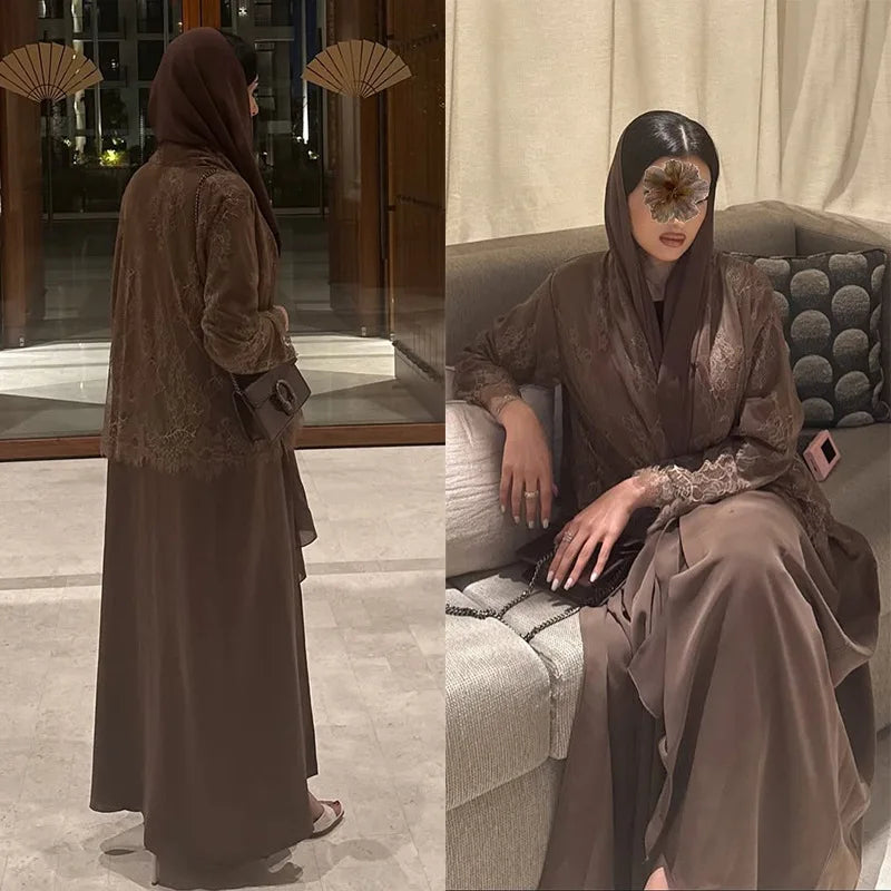 Eid Women Lace Abaya Open Dress Ramadan Abaya Party Vestidos Largos Muslim Jalabiya Morocco Kaftan Dubai Islam Arab Long Robe