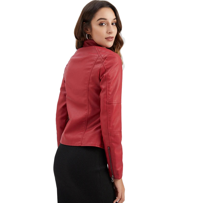 Women's Red PU Jacket, Vertical Collar Zipper Motorcycle Leather Coats,  Fashion Casual Coat Female Outerwear, Black Purple Top.