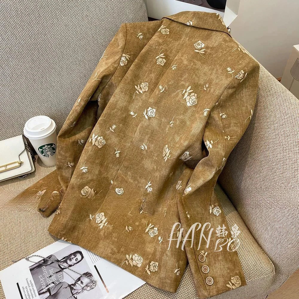 Spring and Autumn 2025 Loose New Rose Print Design Retro Season Casual Top Blazer  jacket women blazer