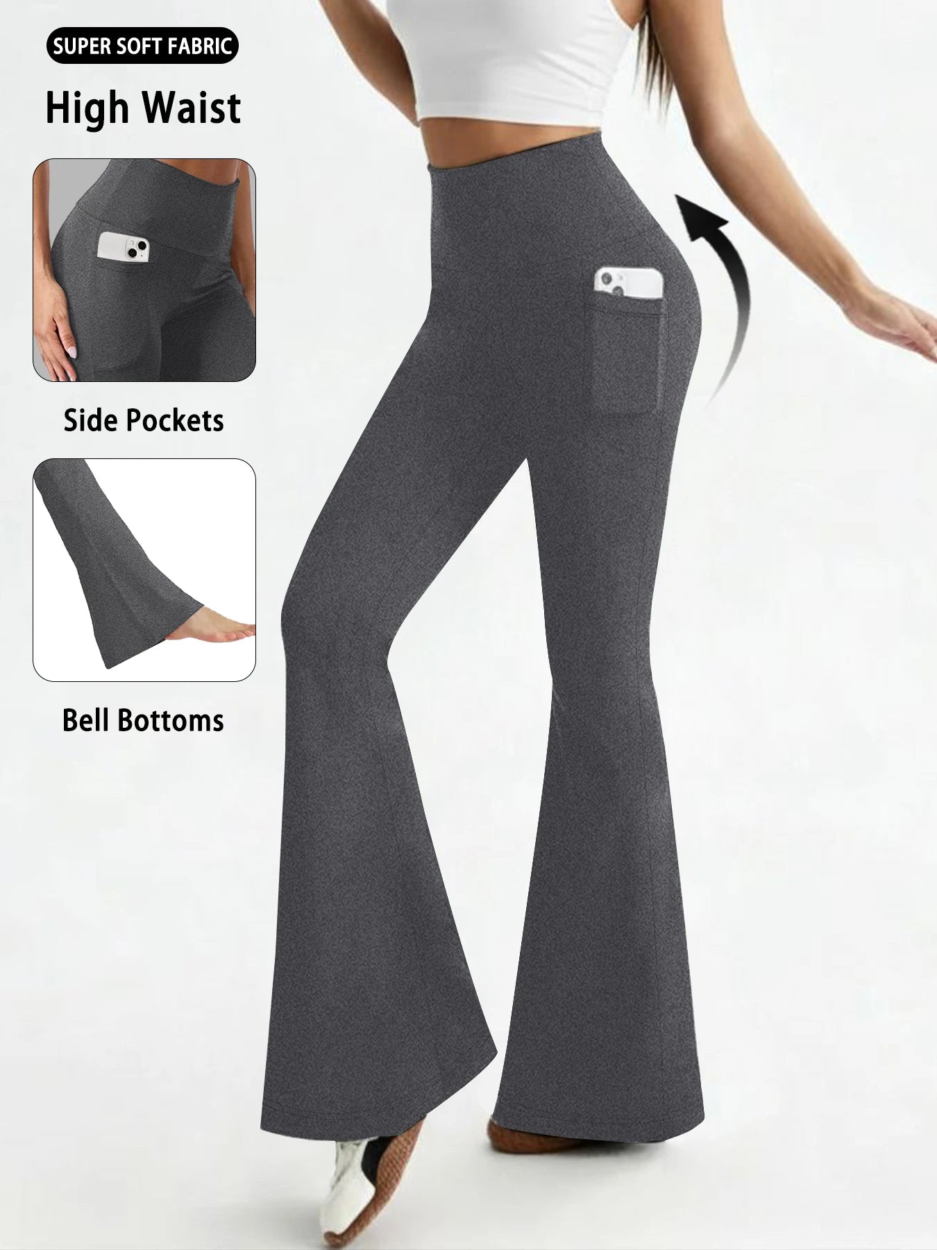 Women's Super Soft Flare Pants with Pockets, High Waisted Tummy Control Workout Yoga Push Up Gym Fitness Leggings Bell Bottoms