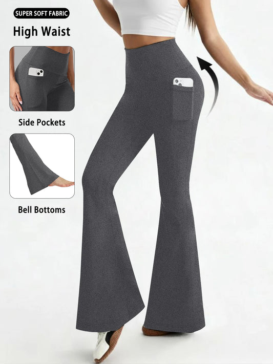 Women's Super Soft Flare Pants with Pockets, High Waisted Tummy Control Workout Yoga Push Up Gym Fitness Leggings Bell Bottoms