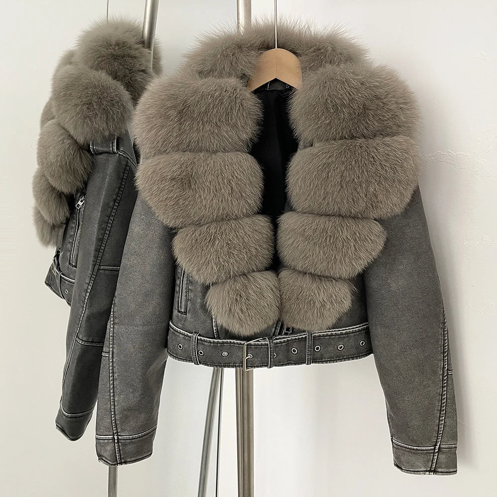 Natural Fox Fur Real Fur Coat Faux PU Leather Jacket Female New Autumn Short Top Clothing Women Long Sleeve Fake Leather Coat