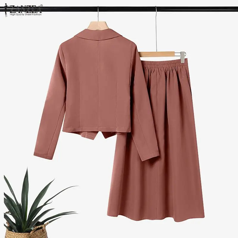 ZANZEA Elegant Women 2 Piece Skirt Suits Peak Lapel Long Sleeve Short Blazer and A-Line Midi Skirt 2pcs Sets 2026 Spring Outfits